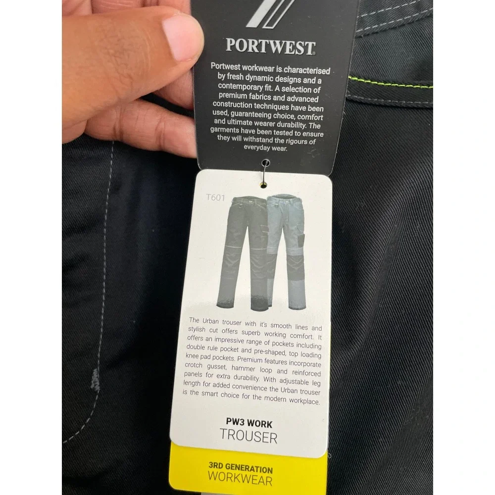NEW Portwest PW3 Work Trouser Mens 36 Black T601 Cargo Utility Drop Hem Pants